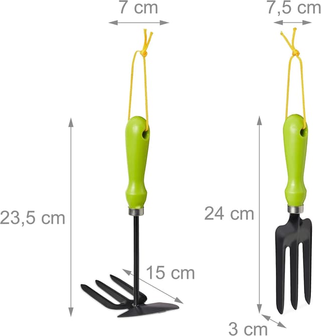 Detalle 2 de Relaxdays set attrezzi da giardino da 4 pezzi (tridente, rastrello, paletta e zappetta) in ferro verde