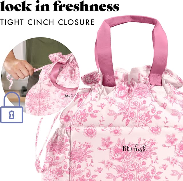 Detalle 2 de Fit & Fresh Cromwell Drawstring Lunch Bag Set for Women (Pink Floral Toile) with 2 Containers