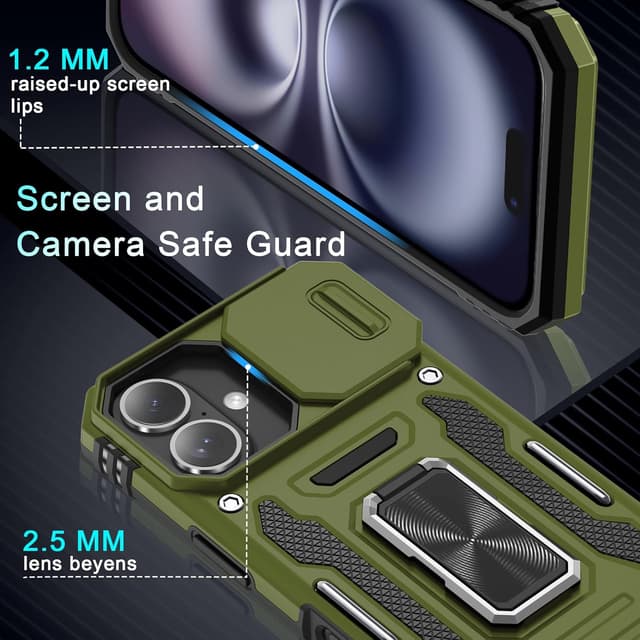 Detalle de DEERLAMN iPhone 16 Armor Case with Sliding Camera Cover, Rotating Ring Kickstand + Tempered Glass Screen Protector (2-Pack)