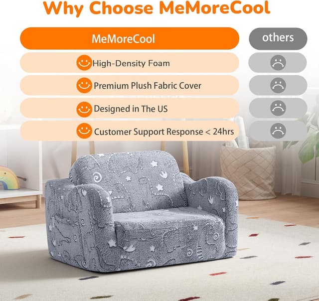 Detalle de MeMoreCool Glow-in-the-Dark Dinosaur Kids Couch (2-in-1 Foldable Lounger) for Ages 1–3