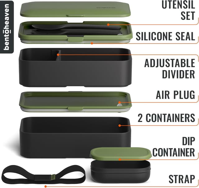 Detalle de Bentoheaven Premium Bento Box Adult Lunch Box (Microwavable, 2 Compartments, Dip Container) with Utensils & Chopsticks