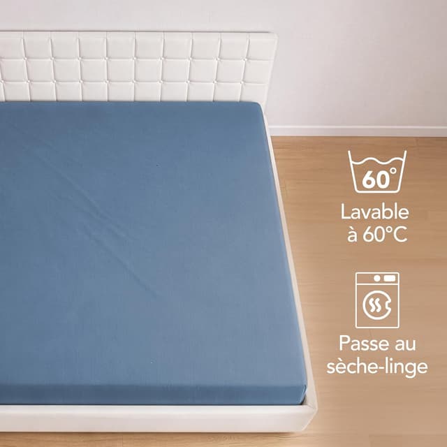 Detalle de Dreamzie Drap housse 160 x 200 en coton jersey extensible avec bonnet 30 cm (Oeko-Tex) – Bleu
