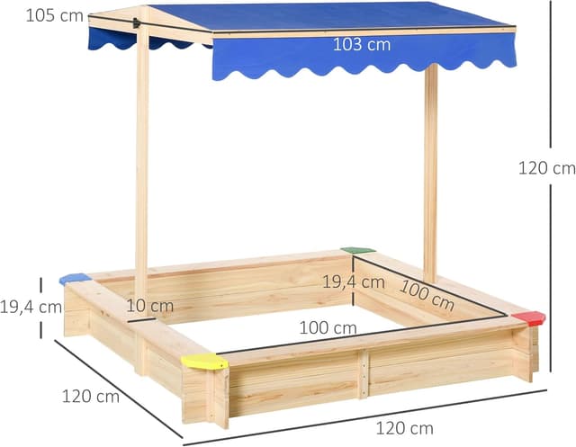 Thumbnail 6 de Outsunny Bac à sable en bois carré avec couvercle et toit réglable 1,2 m (1,2L x 1,2l x 1,2H)