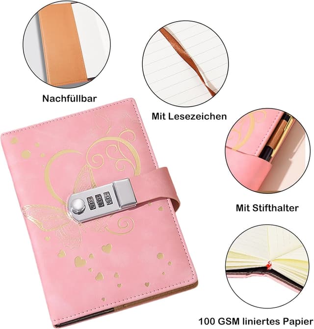 Detalle de Jalach B6 Tagebuch mit Schloss und Zahlenschloss (PU Leder, nachfüllbar) – hellblau mit Schmetterlingen