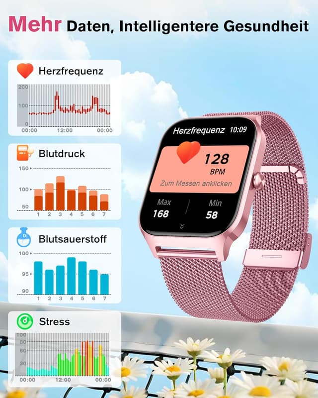 Detalle de KALINCO Smartwatch Herren Damen mit Blutdruckmessung, Bluetooth-Telefonie & Fitness-Tracker (SpO2, Stress, 100+ Sportmodi)