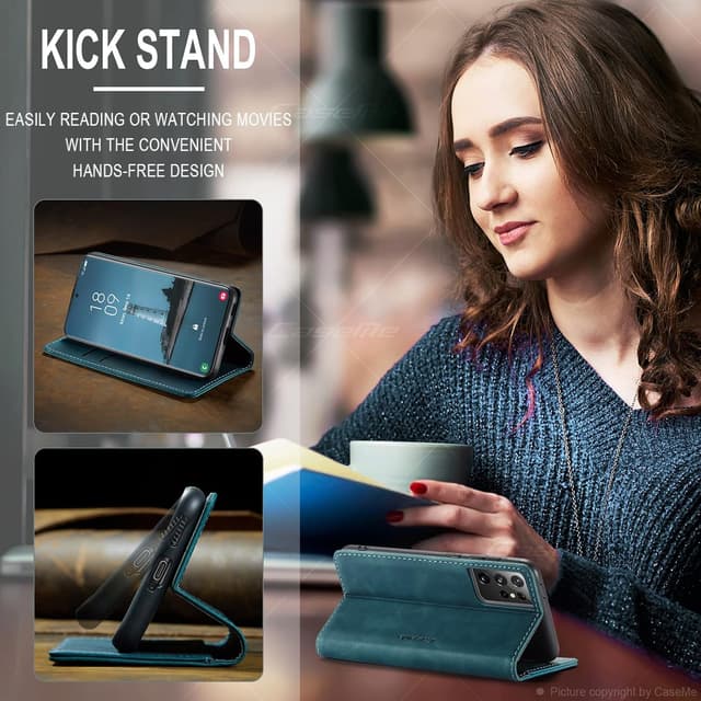 Detalle de Cracedily for Samsung Galaxy S21 Ultra leather flip wallet case with card holder, magnetic closure and kickstand (Blue-Green)