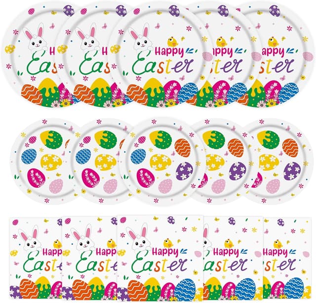 Detalle de 150-Piece Happy Easter Plates and Napkins Paper Dinnerware Set (Easter Egg Hunt Tableware) — Serves 50