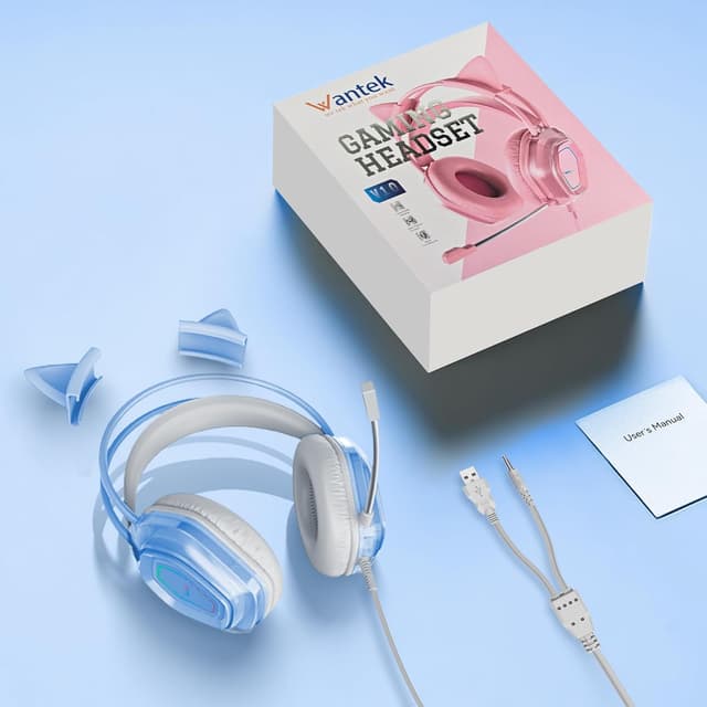 Thumbnail 6 de Wantek Wantak Katzenohr Kopfhörer mit Mikrofon (kabelgebunden, 3,5 mm/USB) – Gaming-Headset für PC, PS5, Xbox – Noise Cancelling, 20–20.000 Hz, Blue