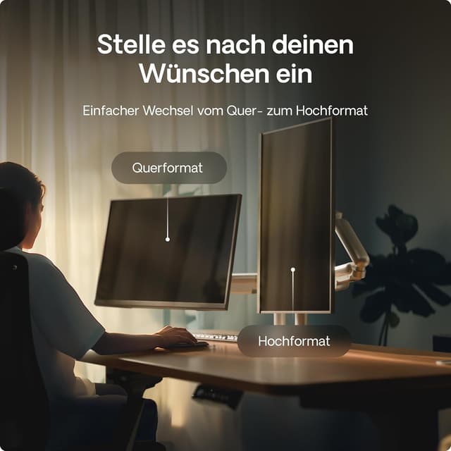 Detalle de Desktronic doppelte Monitorhalterung für zwei Monitore bis 34" und 8 kg – VESA 75/100, 360° drehbar, höhenverstellbar