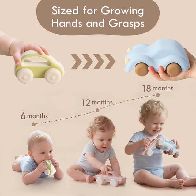 Detalle 2 de Moonkie Roll & Go Auto Spielzeug-Set (3er Pack) aus Silikon, BPA-frei – für Babys ab 6 Monaten