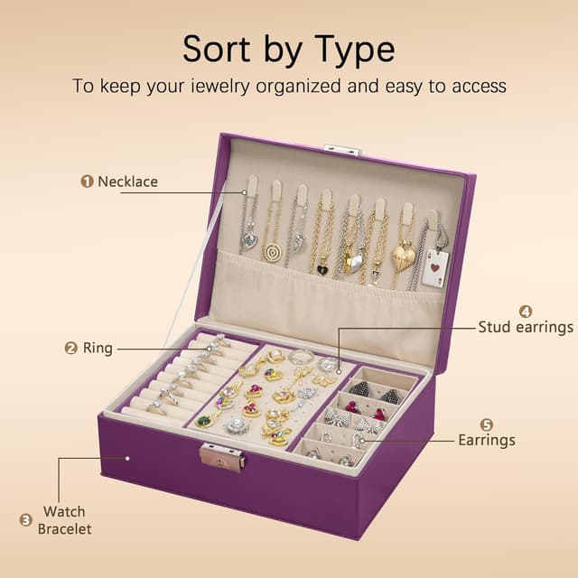 Detalle 1 de Homeanda Jewellery Box with Lock (Purple) – 2-layer leather organiser for necklaces, earrings, rings and bracelets