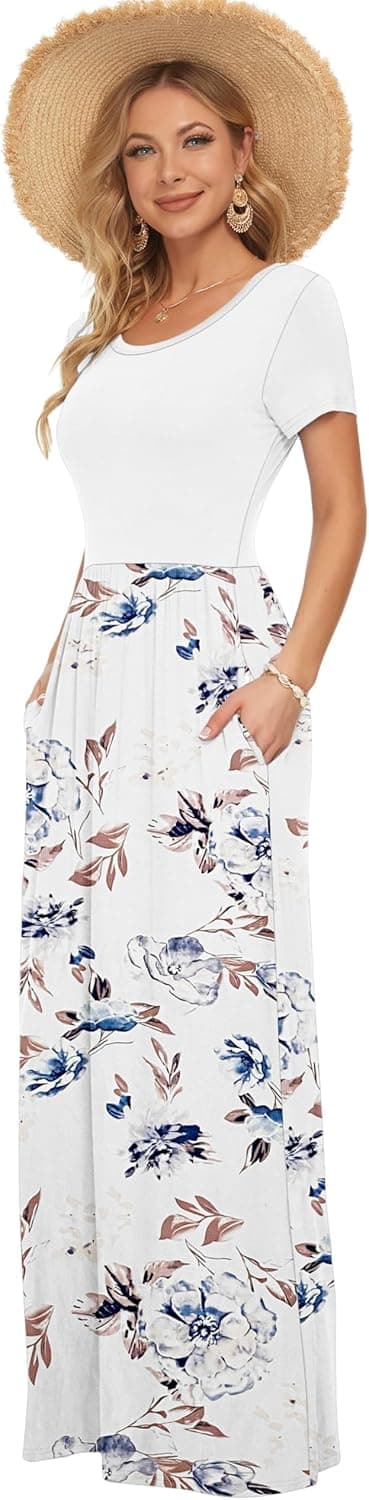 Detalle 2 de AUSELILY Damen Kurzarm Sommerkleid Long Maxi mit Taschen – Polyester/Spandex