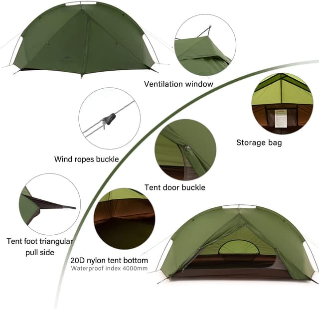 Detalle de Naturehike Tagar tente de camping ultralégère 1 à 2 personnes (3–4 saisons) imperméable pour randonnée