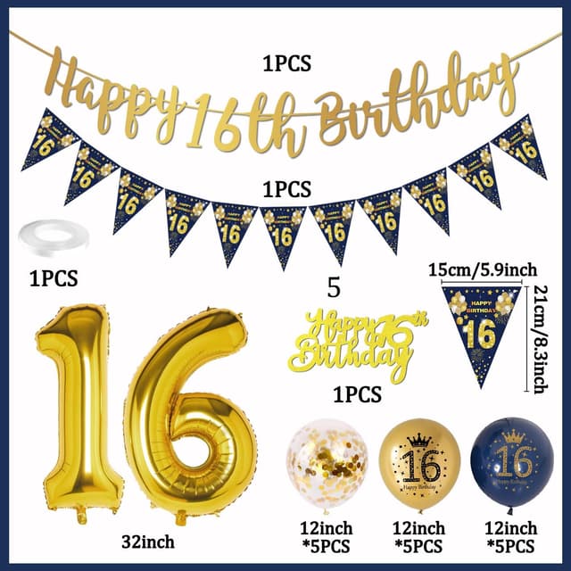 Detalle 2 de 16th Birthday decorations kit, Blue and Gold