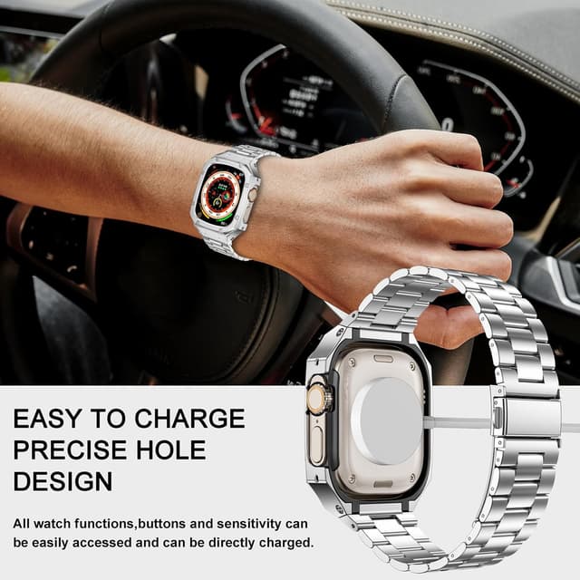 Detalle de BAITEYOU Stainless Steel Watch Band with Case for Apple Watch Ultra 3/2/1 (49mm) — Rugged Metal Bumper Strap, Silver