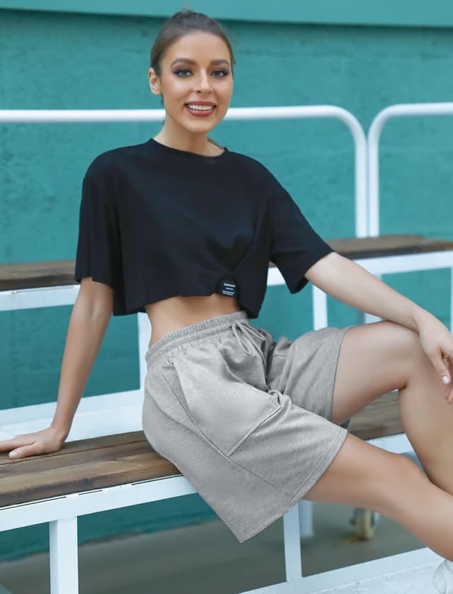 Detalle de Cowasto Women’s Cotton Sweat Shorts with Drawstring Waist, Pockets & 7" Inseam