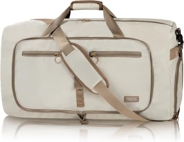 Detalle de Fmeida Reisetasche Groß (65L) faltbar mit Schuhfach – Handgepäck & Sporttasche in Beige