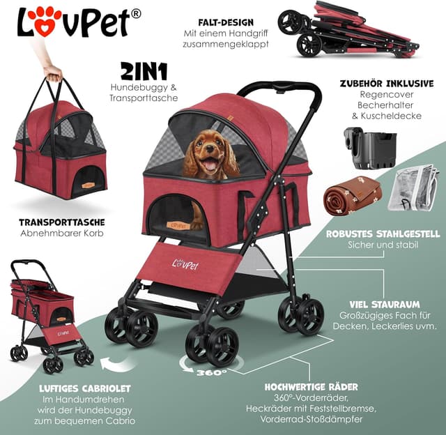 Detalle de LOVPET® Hundewagen 2in1: Hundebuggy & faltbare Hundebox (bis 20 kg) mit 360°-Rädern