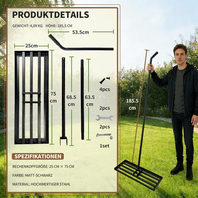 Detalle de LYFETC Rasen Rakel 75x25 cm – schwerer Rasen-Nivellierrechen mit ergonomischem gebogenem Griff