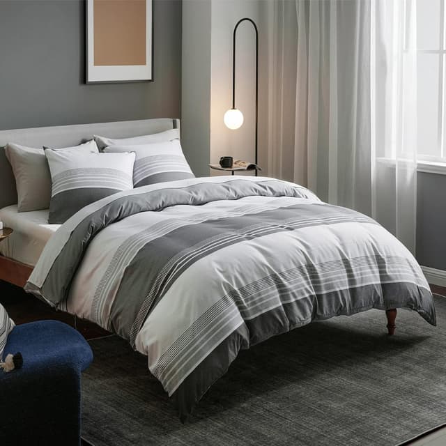 Detalle de BEDSURE Wendebettwäsche 135x200 (2-teilig) Grau gestreift mit Reißverschluss – 80x80 Kissenbezug