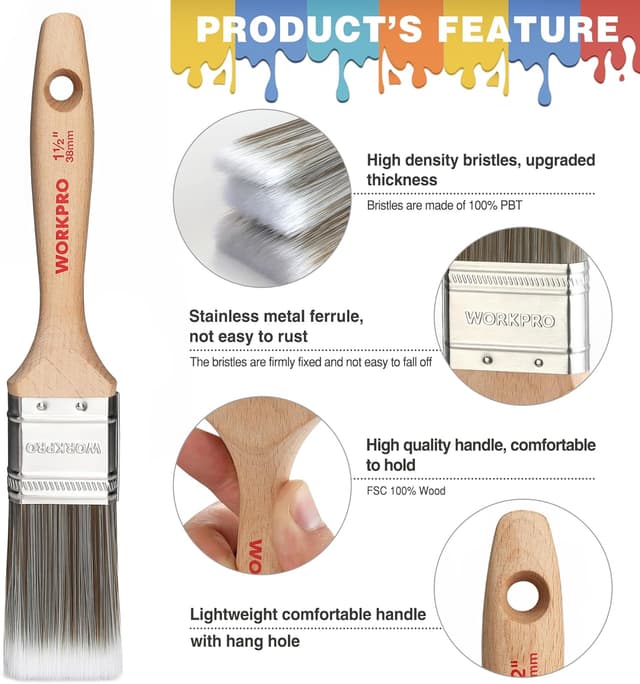 Detalle de WORKPRO 4-Piece Professional Paint Brush Set (25 mm, 38 mm, 50 mm) for Walls, Ceilings & Staining