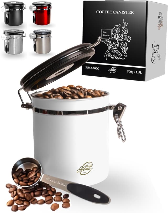 Detalle de Pro@Home43® Kaffeedose luftdicht mit Kalenderfunktion, Edelstahl, 1,5 l – weiß