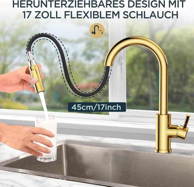 Detalle 2 de FORIOUS Küchenarmatur mit hohem Bogen und 360° Schwenkbereich – ausziehbare Brause in gebürstetem Gold