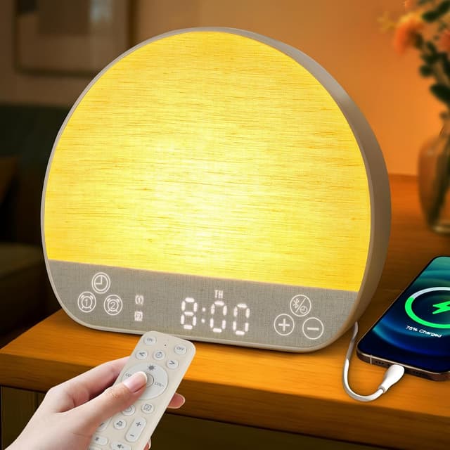 Detalle de Charmofun Réveil lumineux simulateur d’aube avec lampe de chevet, 37 sons, double alarme et snooze