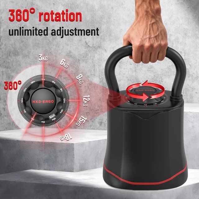Detalle 2 de HXD-ERGO Adjustable Kettlebell Set 6-in-1 (3–18kg) with handle and space-saving safety lock system