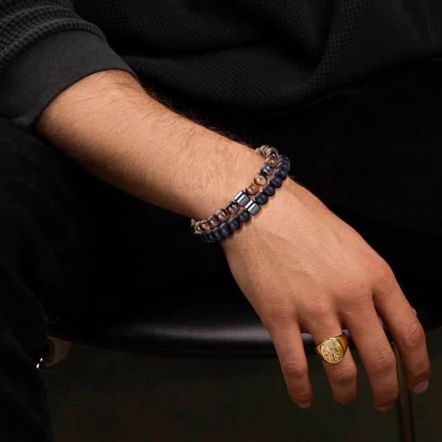 Detalle 2 de MOROTOLE Herren-Armband-Set mit 8-mm Tigerauge, Lavastein und Obsidian – Stretcharmbänder aus Naturstein