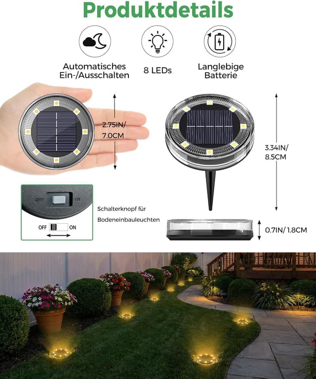 Detalle 2 de LOTMOS 6er-Set Solar-Bodenleuchten für außen mit 8 LEDs, IP68, warmweiß