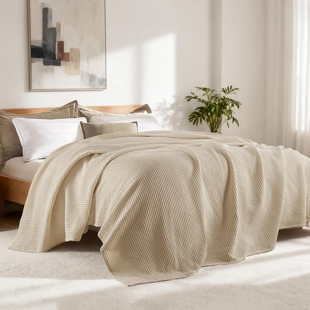 Detalle de Plaid couverture en coton gaufré 100% kaki 220x240 cm