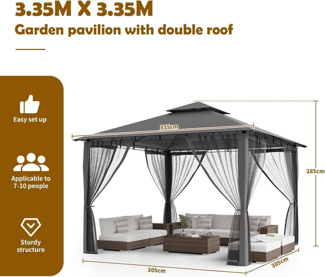 Detalle de Amopatio Gartenpavillon 3,4x3,4 m mit Doppeldach, wasserdichtem Aufbau und Moskitonetz (Grau)