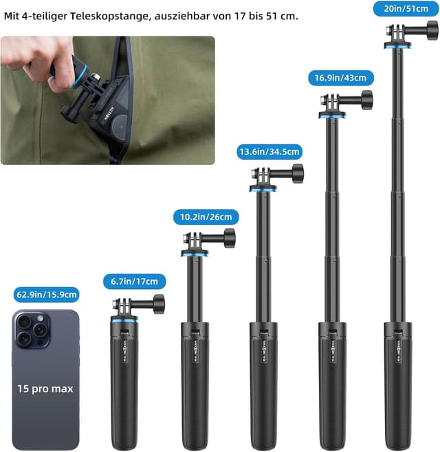 Detalle 2 de 51 cm Osmo Action Selfie Stick Stativ-Set für DJI Action 5 Pro/4/3, Osmo 360 – Mini-Stativ & erweiterbarer Griff