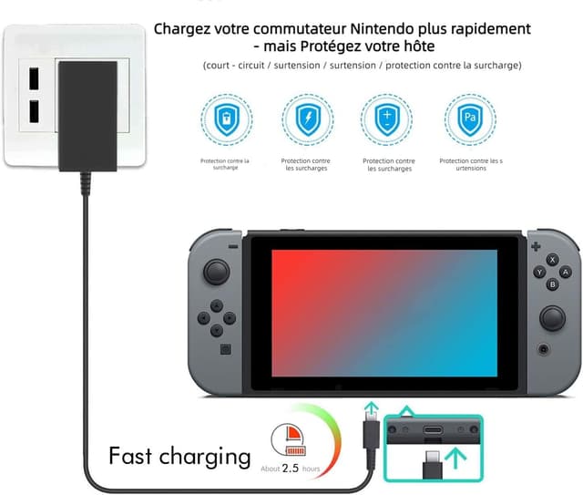 Detalle de Chargeur secteur YCCSKY 45W pour Nintendo Switch (TV / portable) avec câble USB‑C 1,5 m