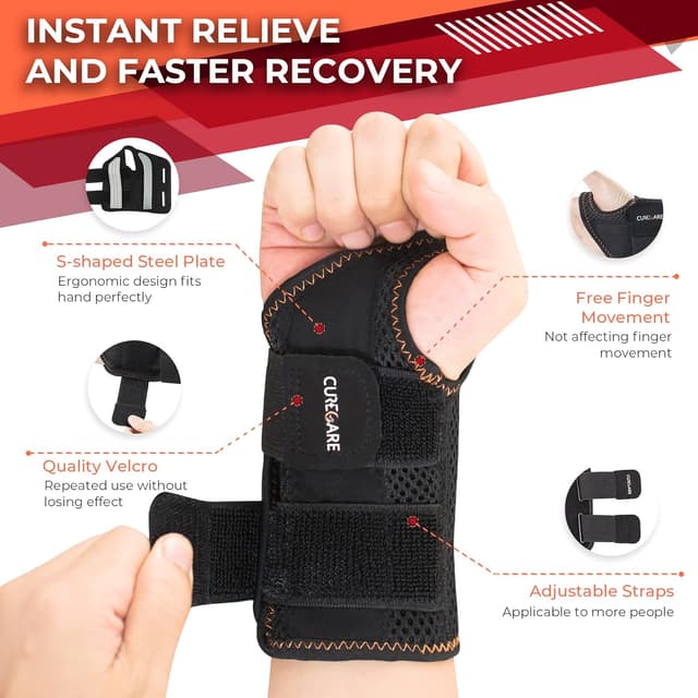 Detalle de CURECARE New Updated Carpal Tunnel Wrist Splint (Right Hand, Black) – Adjustable wrist support with 2 straps (S/M)