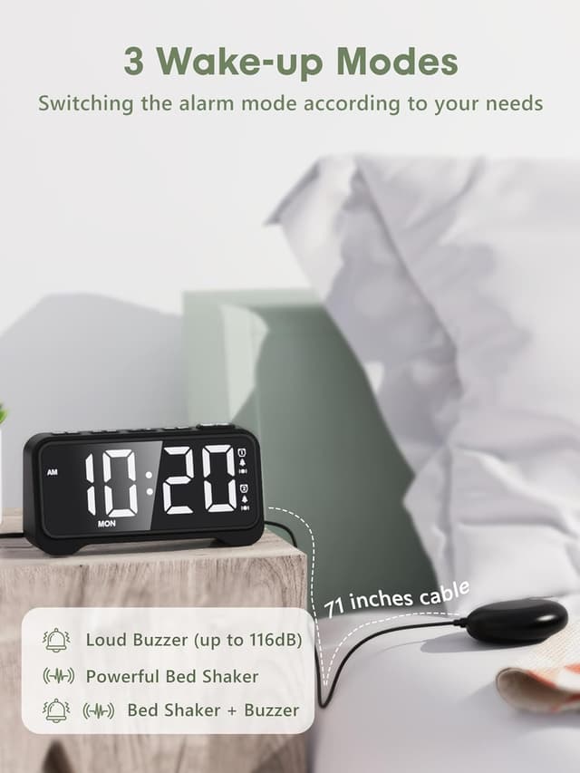 Detalle de ROCAM Alarm Clock for Heavy Sleepers with Bed Shaker, Loud Alarm, Dual Alarm & Dimmable LED Display