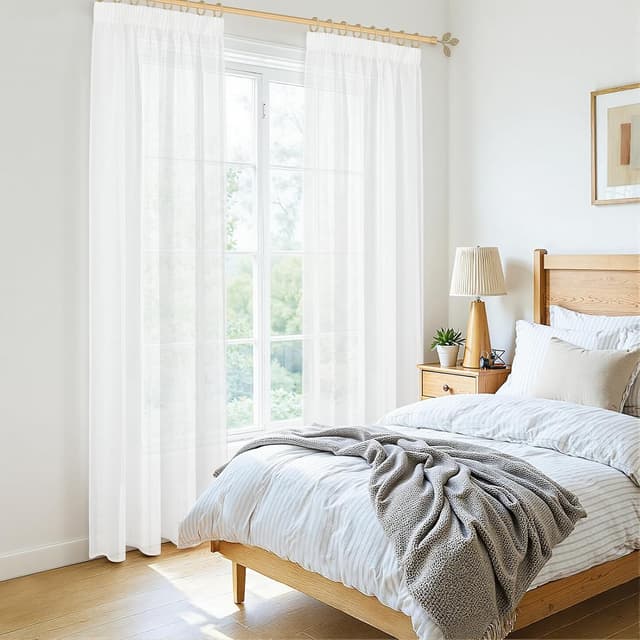 Detalle 2 de MRTREES Gardinen mit Kräuselband, 2er-Set 160×140 cm (H×B) weiß kurz transparent in Leinenoptik