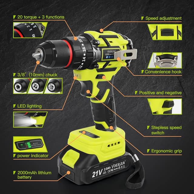 Detalle de VOERJIA cordless drill 21V brushless 65Nm