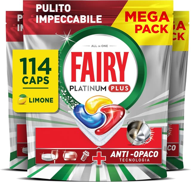 Detalle de FAIRY Platinum Plus Pastiglie Lavastoviglie Limone Complete – 114 capsule con tecnologia anti-opaco