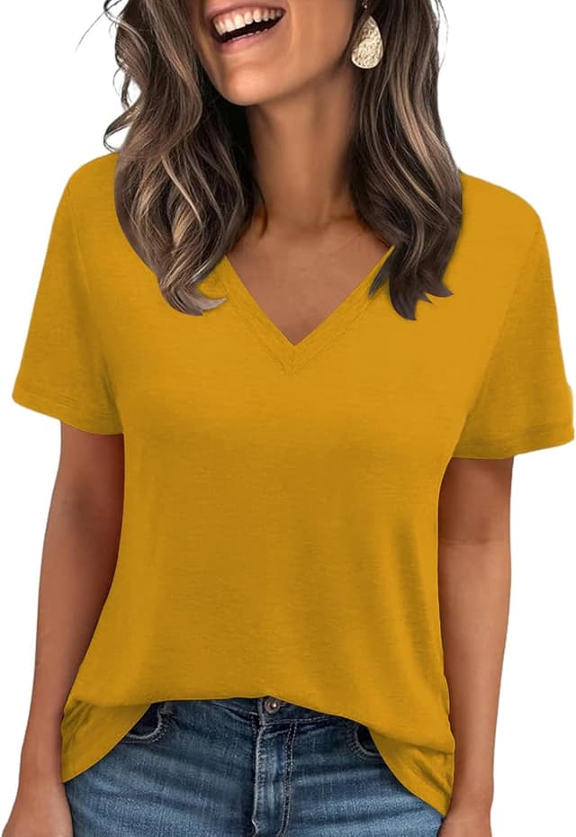 Thumbnail 3 de Cuptacc Damen V-Ausschnitt Basic T-Shirt mit Kurzarm – Sommer-Lounge Oberteil einfarbig