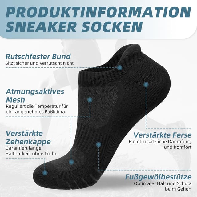 Detalle de anqier 6 Paar Sneaker Socken (43–46 bis 35–38, 47–50) aus Baumwolle – atmungsaktiv, gepolstert & antibakteriell