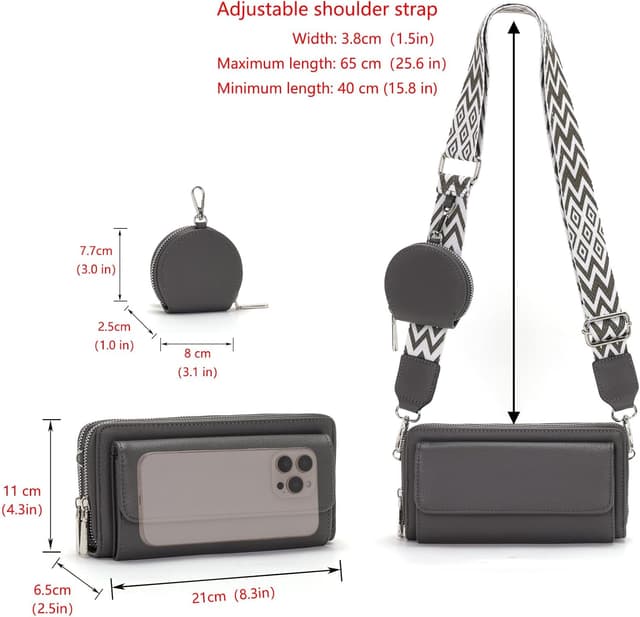 Detalle de Snmoec Umhängetasche mit Kartenfächern, Münzbörse und Handyfach (bis 6,9 Zoll) – dunkelgrau