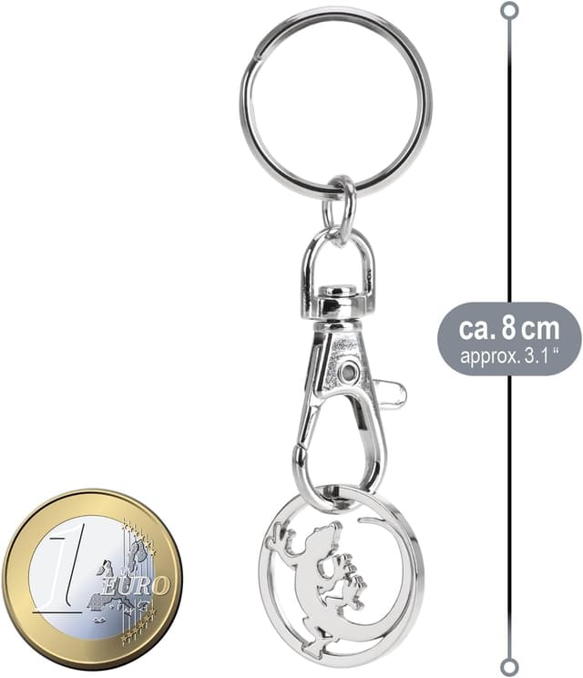 Detalle 2 de com-four Portachiavi in metallo con moschettone e chip per carrello della spesa, 5 pezzi (motivi cavallo, gatto, cane, salamandra, scoiattolo)