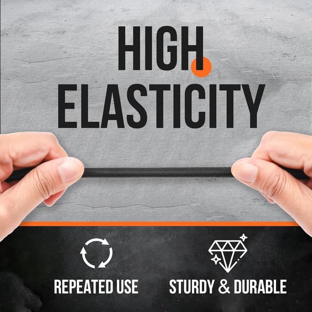 Detalle de Marine Grade Heavy Duty Bungee Cord Roll with 12 Hooks (1/4 in x 100 ft) – Black Shock Cord Kit for Kayak Deck & Outdoor Tie Downs