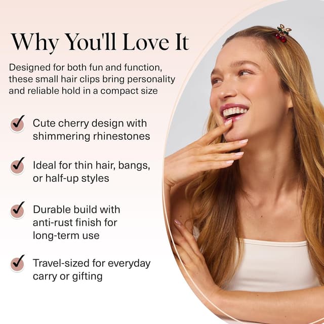 Detalle de Kitsch Cherry Small Hair Clips for Women (2pcs) – Rhinestone Mini Claw Clips