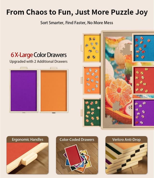 Detalle de 1500-Piece Wooden Puzzle Board (34" x 25") with 6 Drawers, Felt Trays & 360° Lazy Susan