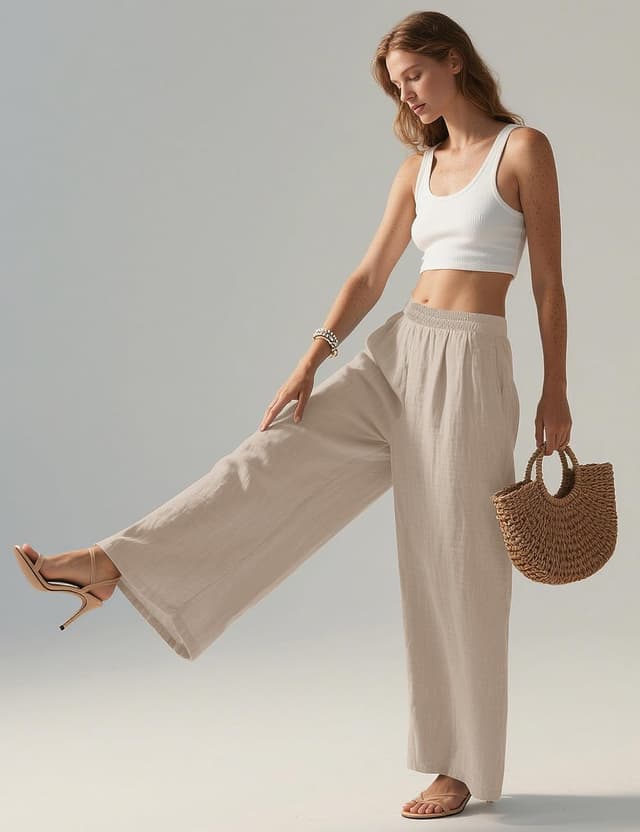 Detalle de Rapbin Damen-Leinenhose mit weitem Bein, Sommerhose im Palazzo-Stil und Taschen