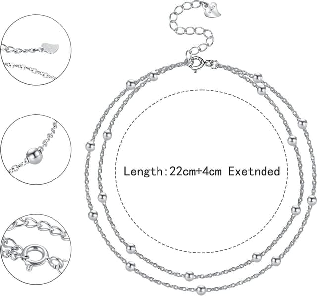 Detalle de Hifeeled Fußkettchen Damen aus 925 Silber mit Kugelperlen, verstellbar (22 + 4 cm)