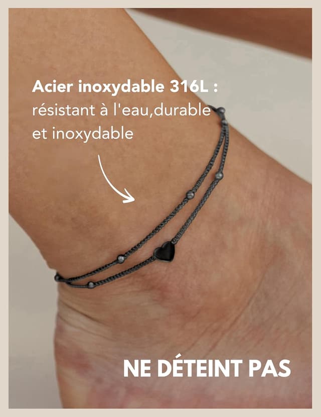 Detalle de Bracelet de cheville cœur pour femme (résistant à l’eau) en acier inoxydable, plusieurs rangs, réglable 22 à 27 cm